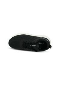 Black athletic shoe with a breathable mesh upper, lace closure, white sole, and subtle branding on the side. Lightweight and flexible design.