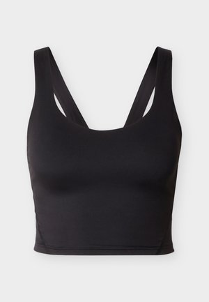 Fekete, rövidített sportos trikó széles pántokkal és kerek nyakkivágással, egyszerű világos háttéren bemutatva.