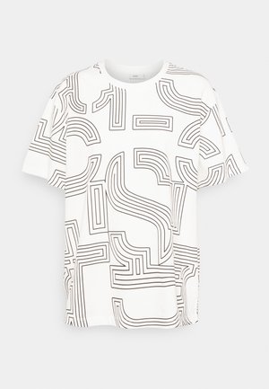 Witte T-shirt met korte mouwen en een zwart abstract geometrisch lijnpatroon met overal krommen en rechthoeken.