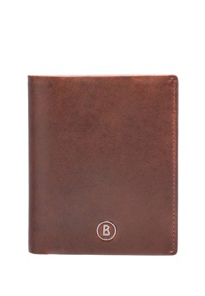Brown leather wallet with a small circular metal emblem containing the letter B on the front bottom center.