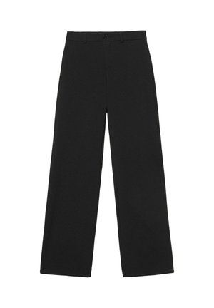 Pantalon noir à jambes larges avec bouton et passants pour ceinture, doté d'une taille haute classique et d'une coupe ajustée.
