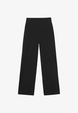 Zwarte broek met brede pijpen, knoop en ceintuurlussen, met een klassieke hoge taille en een getailleerde pasvorm.