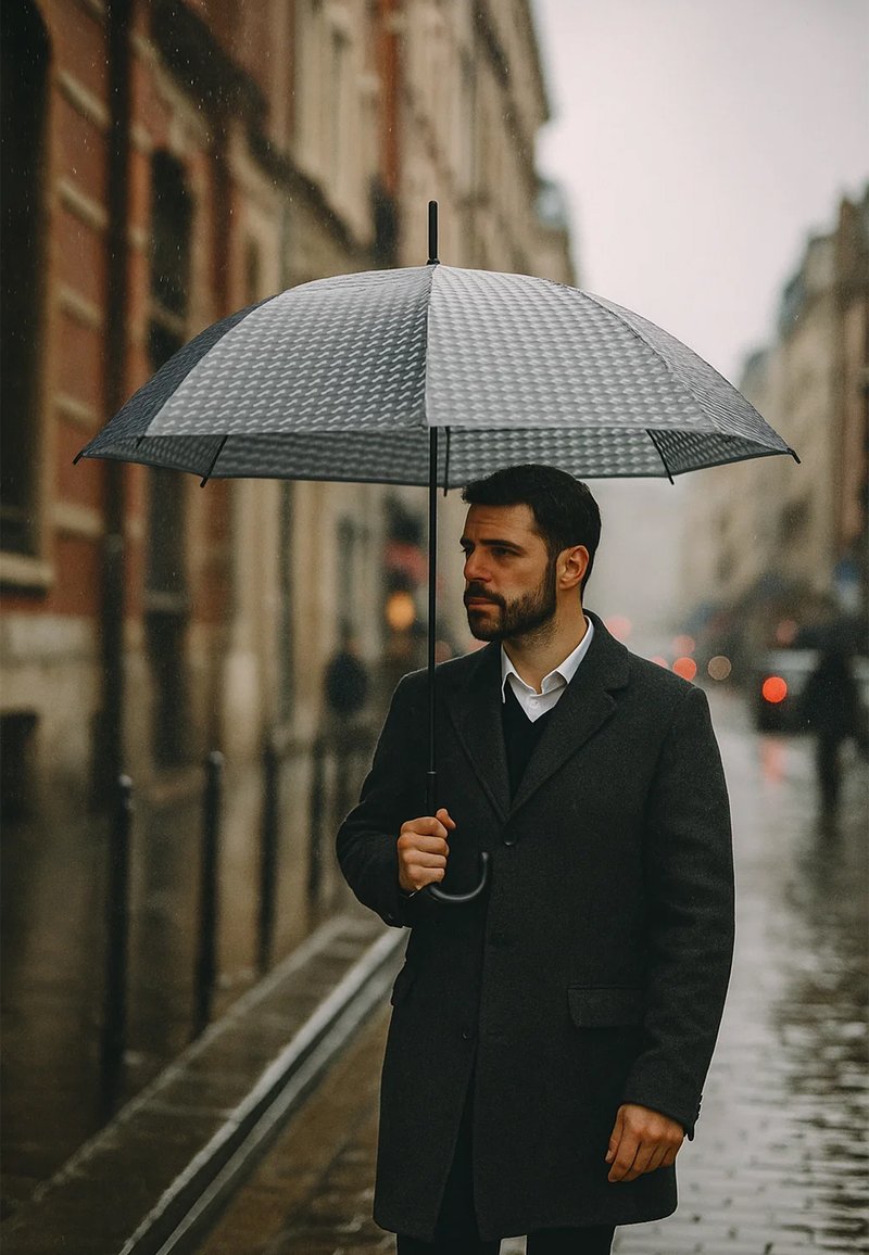 Schwarz-grauer karierter Regenschirm, gehalten von einem Mann in einem dunklen Mantel, der auf einer nassen Straße steht, im Hintergrund verschwommene Stadtlichter.