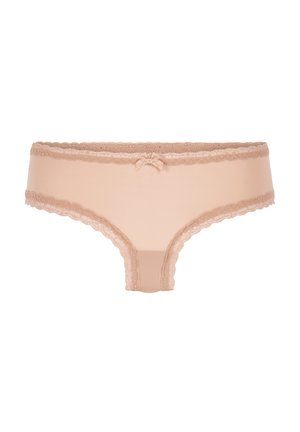 Beige dames hipster slips met kanten afwerking aan de tailleband en pijpzomen, en een klein decoratief strikje in het midden van de tailleband.