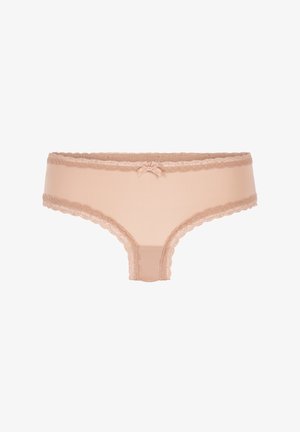 Culotte hipster beige pour femme avec bordure en dentelle sur la ceinture et les ouvertures des jambes, et un petit nœud décoratif centré sur la ceinture.