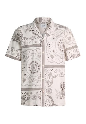 Korte mouwen blouse met knopen, voorzien van zwarte botanische en geometrische patronen op een witte achtergrond, met een klassieke kraag en knopen aan de voorkant.