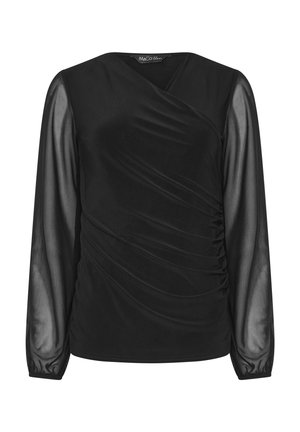 Zwarte blouse met lange mouwen, doorschijnende mouwen en geplooide details aan de voorkant, met een V-hals en aansluitende manchetten.