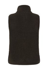 Chaleco negro sin mangas de forro polar con cuello alto y tela texturizada, mostrado desde la parte trasera sobre un fondo blanco.