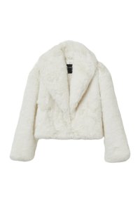 Weiße Kunstpelz-Shortjacke mit Schalkragen, langen Ärmeln und einer weichen, flauschigen Textur. Verfügt über einen verdeckten Verschluss und keine sichtbaren Beschläge.