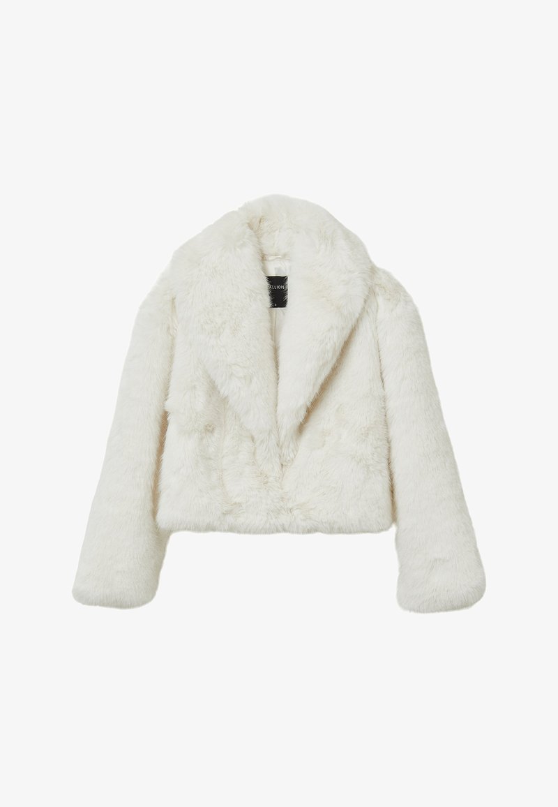 Weiße Kunstpelz-Shortjacke mit Schalkragen, langen Ärmeln und einer weichen, flauschigen Textur. Verfügt über einen verdeckten Verschluss und keine sichtbaren Beschläge.
