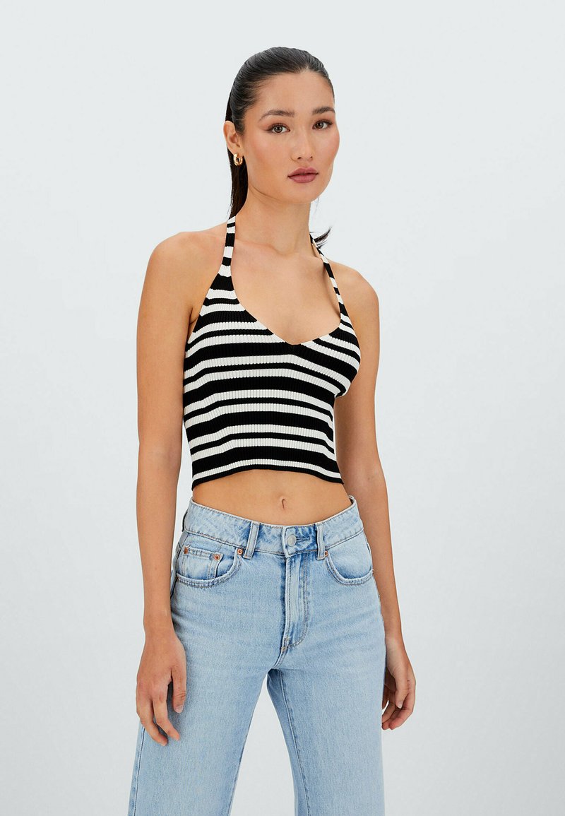 Damen T-Shirts | Stradivarius GESTREIFTES NECKHOLDER Top black/schwarz - OR14999 Damen T-Shirts | Stradivarius GESTREIFTES NECKHOLDER Top black/schwarz - OR14999