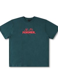 Teal cotton t-shirt featuring short sleeves, a crew neck, and a central graphic with the text "FORMER." and playful characters in red.