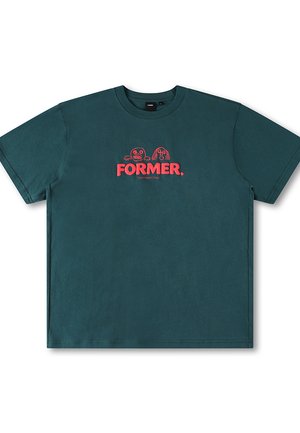 Teal cotton t-shirt featuring short sleeves, a crew neck, and a central graphic with the text "FORMER." and playful characters in red.