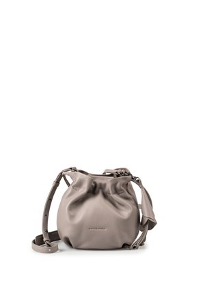 Soft taupe leather handbag with gathered top, adjustable shoulder strap, and small embossed brand name on front.