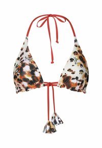 Triangularni bikini top z belim in rjavim leopardjim vzorcem. Ima rdeče kravate in elastično nabiranje z okrasnimi resicami na sredini.