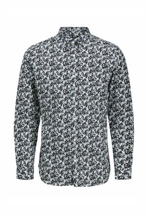 Cămașă cu butoni, cu un model floral în alb și negru, guler la gât, mâneci lungi și închidere cu butoane pe fa�ță.
