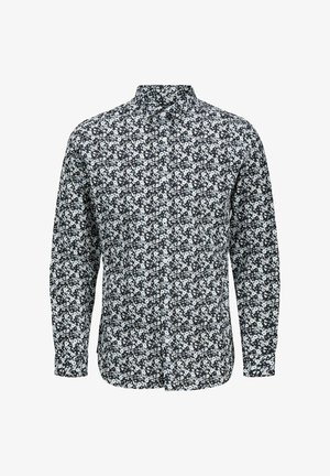 Floral button-up shirt featuring a black and white pattern, collared neckline, long sleeves, and button closure along the front.