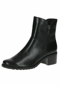 Bota de cuero negro hasta el tobillo con punta redondeada, cremallera lateral y tacón de bloque de 5 centímetros. Textura suave con un diseño sencillo y elegante.