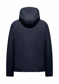 Giacca blu navy con cappuccio, caratterizzata da una superficie liscia e opaca e da un design minimalista. Le maniche hanno una vestibilità comoda senza chiusure visibili.