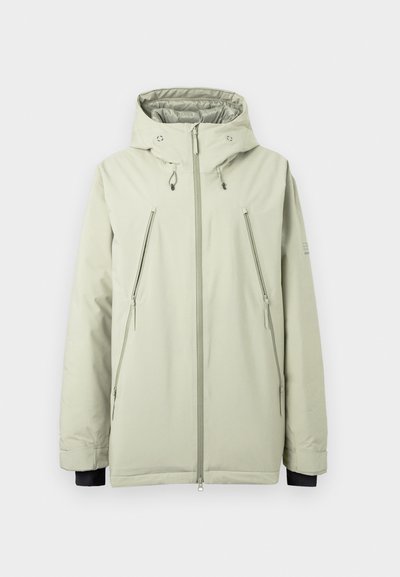 Világosszürke kapucnis dzseki, amely két elülső cipzáras zsebbel, sima textúrával, állítható húzózsinórokkal és rugalmas mandzsettával rendelkezik.