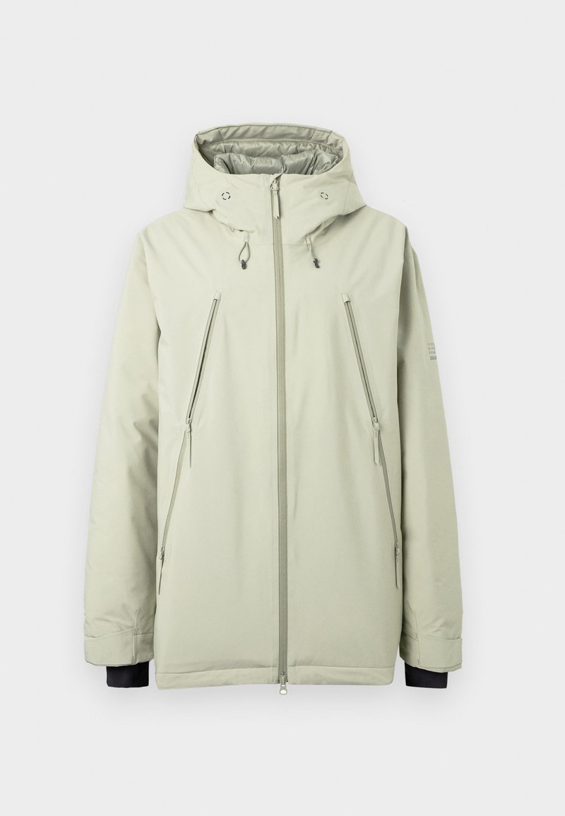 Hellgraue Kapuzensweatjacke mit zwei Front-Reißverschlusstaschen, glatter Textur, verstellbaren Kordelzügen und elastischen Bündchen.