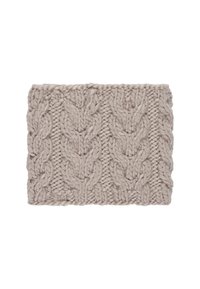 Gehaakte hoofdband in lichtbeige, met een gestructureerd kabelpatroon. Gemaakt van zacht garen, heeft het een dik, knus ontwerp en een gladde afwerking.