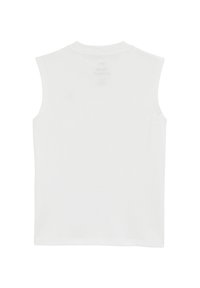 Biely bezrukávový top vyrobený z hladkej bavlny. Má okrúhly výstrih a jednoduchý, minimalistický dizajn bez viditeľných vzorov alebo akcentov.