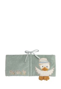 Mint green plush baby blanket with white duck embroidery, wearing a striped hat. Features three smaller ducklings and a tied closure.