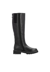 Knielange schwarze Lederstiefel mit glatter Oberfläche, Reißverschluss, elastischen Seitenpaneelen und robuster Gummisohle mit Profilmuster.