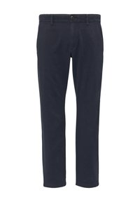 Marineblaue Baumwollhose mit geradem Schnitt, Knopfverschluss und Gürtelschlaufen. Glatte Textur ohne sichtbare Muster oder Akzente.