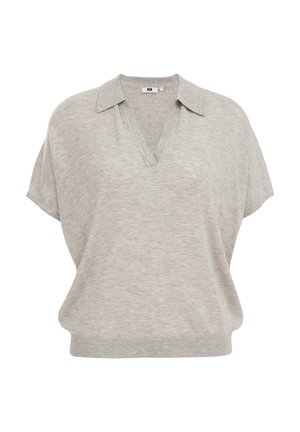 Suéter de manga corta en gris claro, con cuello en V y cuello. Fabricado en una suave tela texturizada con un ajuste relajado y holgado.