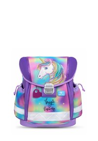 Lila Rucksack mit einem Einhorn-Design, buntem Farbverlauf im Hintergrund, Außentaschen und einem Herzanhänger. Verfügt über einen sicheren Metallverschluss.
