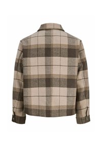 Veste en laine à carreaux marron et beige vue de dos avec manches longues et poignets boutonnés.