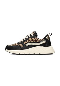 Sneaker con upper in stampa leopardata, dettagli in pelle nera, suola crema e particolari riflettenti. Presentano una suola ammortizzata e un design con lacci.
