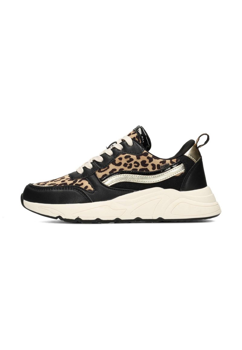 Sneaker con upper in stampa leopardata, dettagli in pelle nera, suola crema e particolari riflettenti. Presentano una suola ammortizzata e un design con lacci.