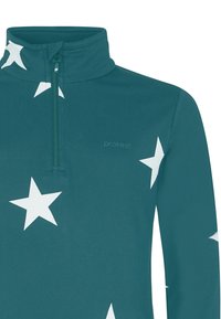 Mėlyna pusiau užtrauktuko flisinė palaidinė su didelėmis baltomis žvaigždžių raštais. Minkšta tekstūra ir aukštas apykaklė, priekyje mažas logotipas.