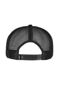 Svart mesh-cap med plast snapback-lukking. Har en strukturert design og en solid stoffdetalj. Lett og pustende.