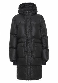 Cappotto lungo imbottito nero con cappuccio, due tasche frontali, zip centrale e polsini a coste, con finitura lucida e design cucito a rombi.
