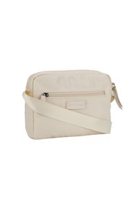 Borsa a tracolla in nylon beige con scomparto principale con zip, tasca frontale e una tracolla testurizzata. Presenta un'etichetta del marchio sul davanti.