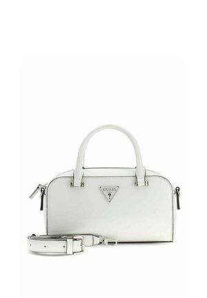 Borsa Guess in pelle bianca con doppi manici, tracolla staccabile, chiusura con cerniera e targhetta metallica con logo sul davanti.