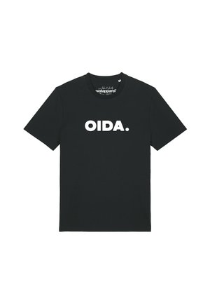 T-shirt noir à manches courtes, col rond et texte blanc en gras "OIDA." centré sur le devant.