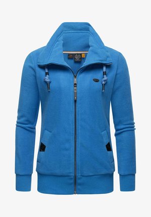 Chaqueta de forro polar azul con cremallera, cuello alto, cordones ajustables, dos bolsillos delanteros y puños y bajo acanalados.