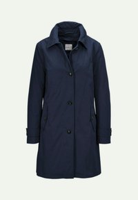 Navy blue coat made of smooth fabric, featuring a collar, front buttons, side pockets, and buttoned cuffs. Classic A-line silhouette.