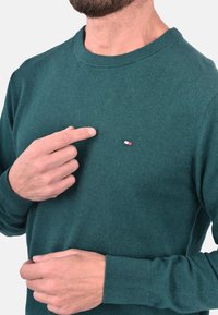 Grüner, gestrickter Pullover mit Rundhalsausschnitt, der mit einem kleinen rot-weißen-blauen Logoakzent auf der Brust versehen ist. Weiche Textur und taillierte Passform.