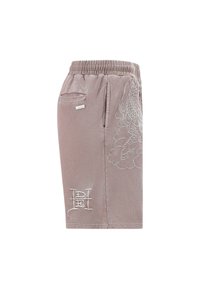 Graue Baumwollmischung Shorts mit einem Kordelzugbund, seitlichen Taschen und detaillierter weißer Drachenstickerei am linken Bein.