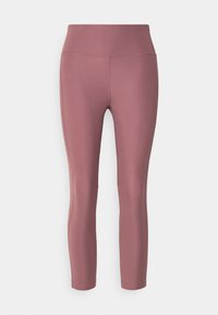 Hooggewaisted mauve legging met gladde stof en zichtbare stiksels langs de naden, plat weergegeven op een witte achtergrond.