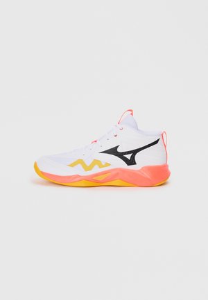 High-top athletic shoes featuring a white upper with black accents, a yellow and pink sole, textured details, and a lace-up design.