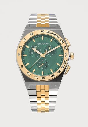 Montre-bracelet pour homme Ferragamo avec cadran vert, bracelet en métal bicolore or et argent, lunette en or et trois sous-cadrans avec échelle tachymétrique.