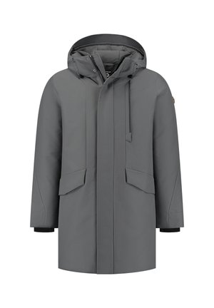 Parka impermeable gris que cuenta con capucha, cierre frontal con cremallera, dos grandes bolsillos frontales y puños elásticos para un ajuste seguro.