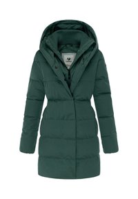 Manteau matelassé vert foncé avec capuche, fermeture éclair à l'avant et bouton-pression. Présente un design matelassé et un col intérieur côtelé. Texture douce.